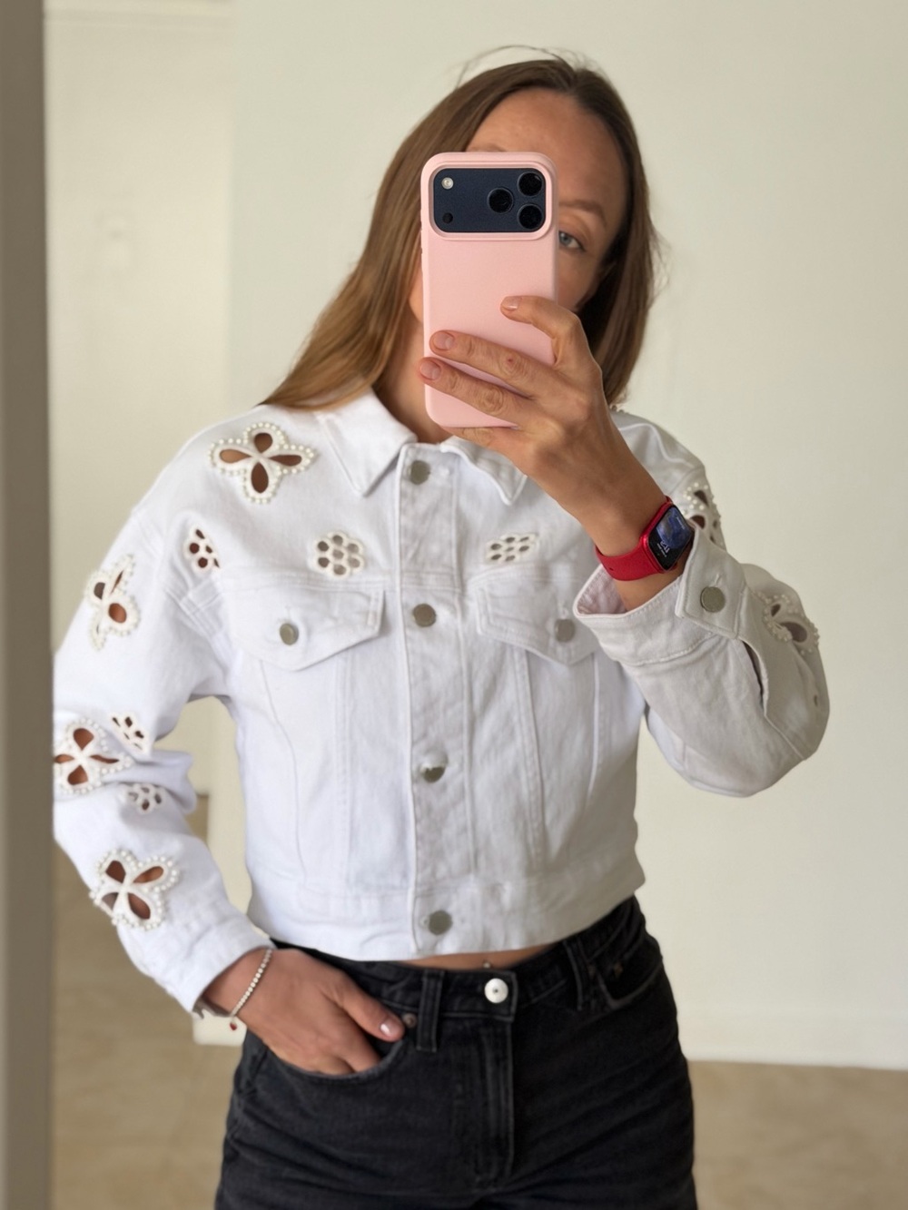 Kaia Pearl White Denim Jacket Size Small